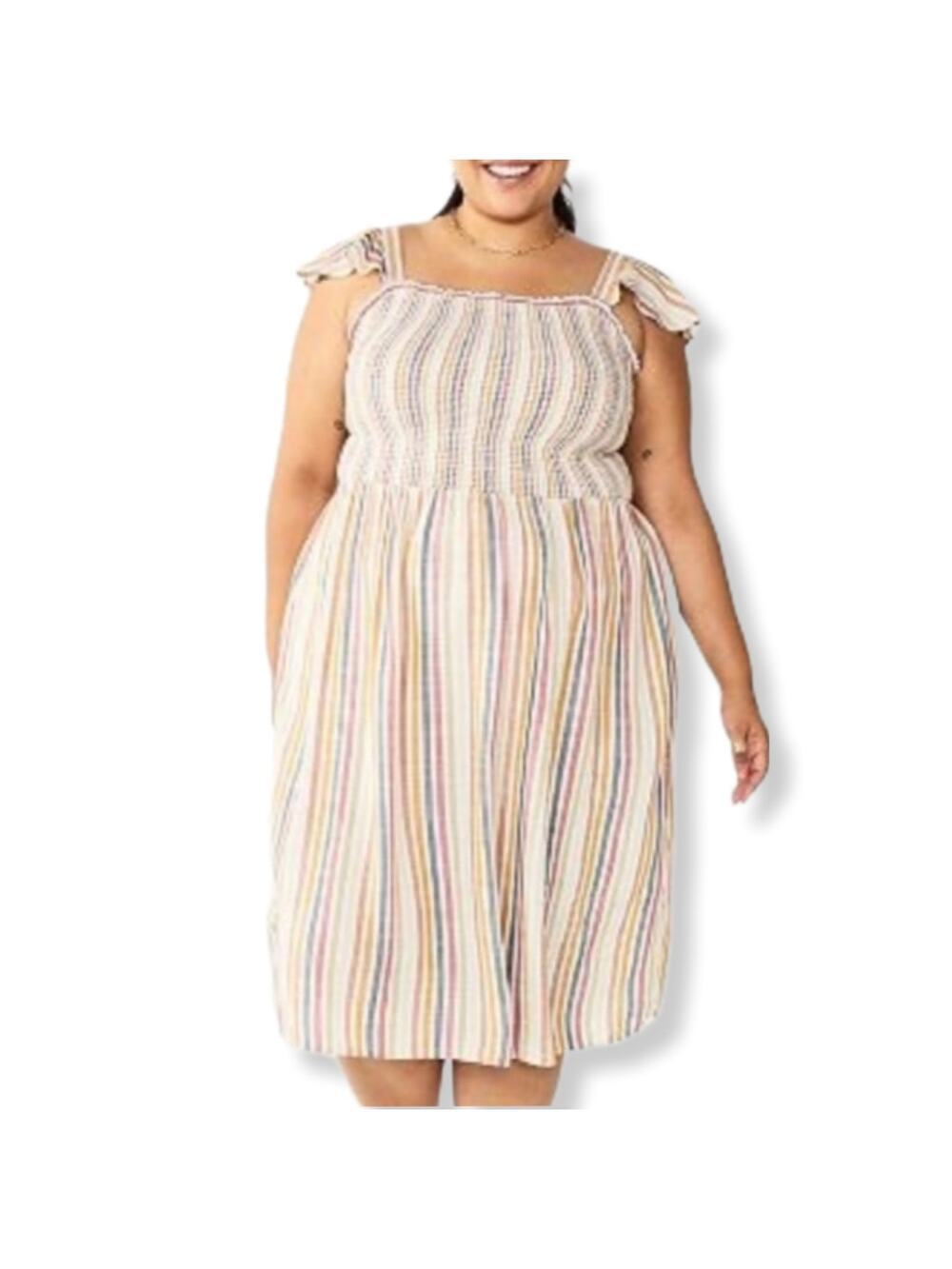 Earthy Neutral Smocked Colorful Stripe Midi Sundress 4X Cottage Beach Casual NEW